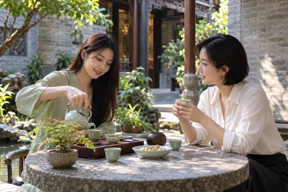 岭南庭院中倒茶的场景，青瓷茶具与绿植